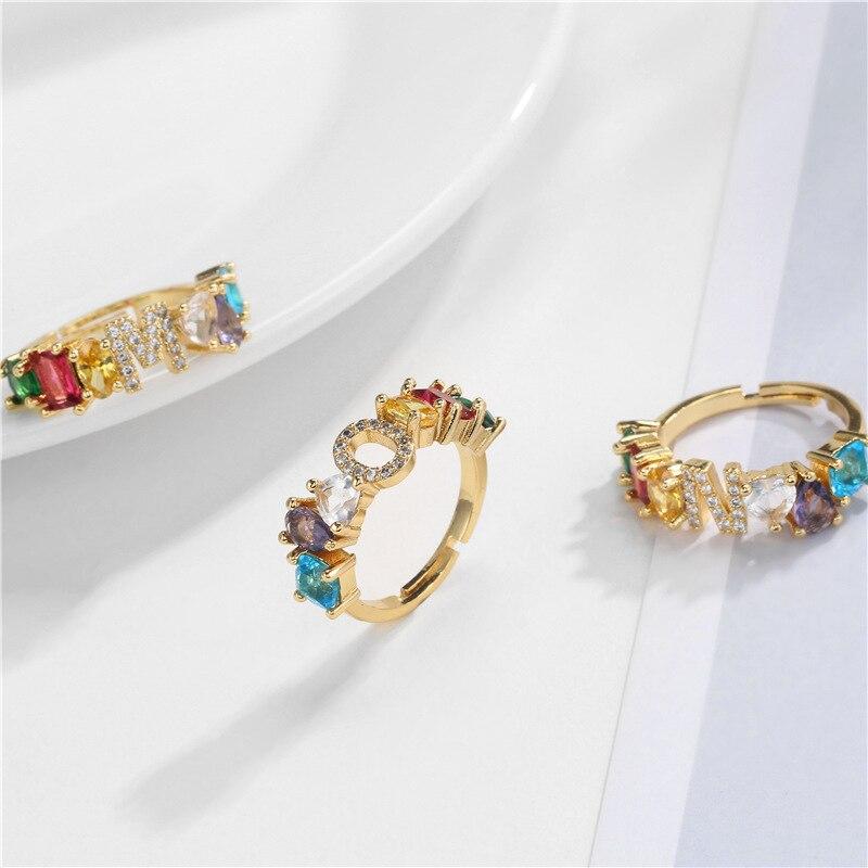Copper Adjustable A-Z 26 Initial Letter Ring For Women Crystal Gold Color Cubic Zirconia Bohemian Wedding Jewelry Gift VRI303