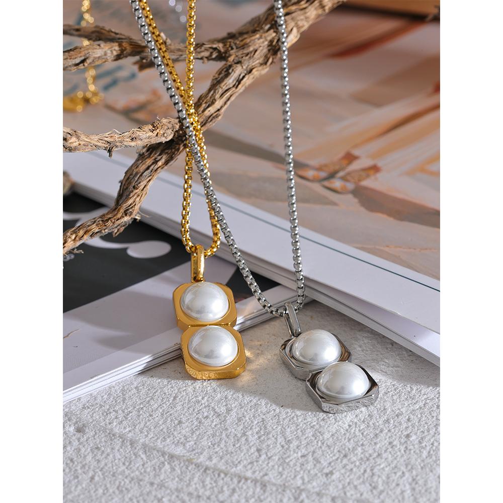 Yhpup Stylish Unisex Jewelry 316l Stainless Steel Square Round Imitation Pearls Pendant Necklace Casual Clothing Accessories