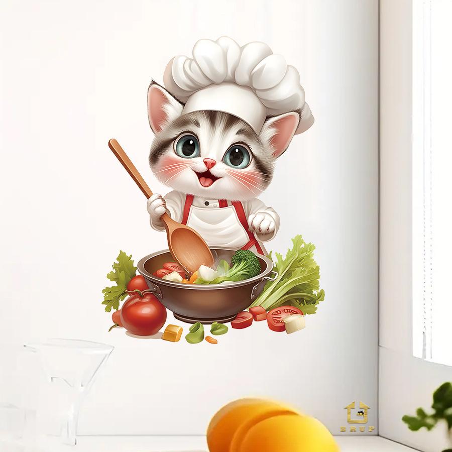 Schattige Zilveren Gradiënt Kat Chef Keuken Muurstickers, Zelfklevende Decoratie voor Koelkast Kast Fornuis Decoratie