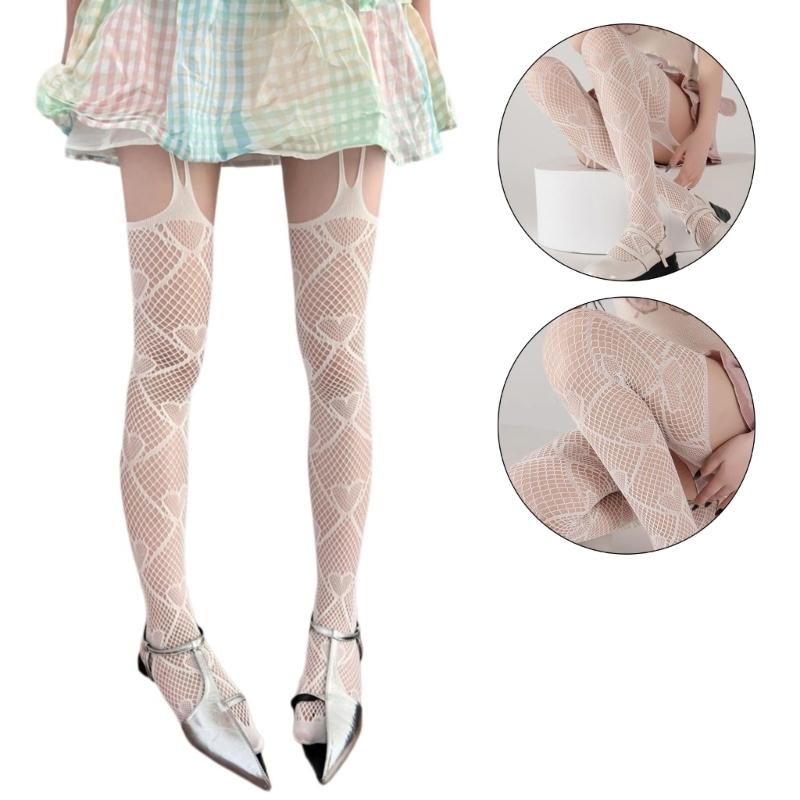 Women Gothic Fishnet Mesh Garters Thigh High Stockings Tights Hollowed Sweet Heart Patterned Sheer Suspender Pantyhose
