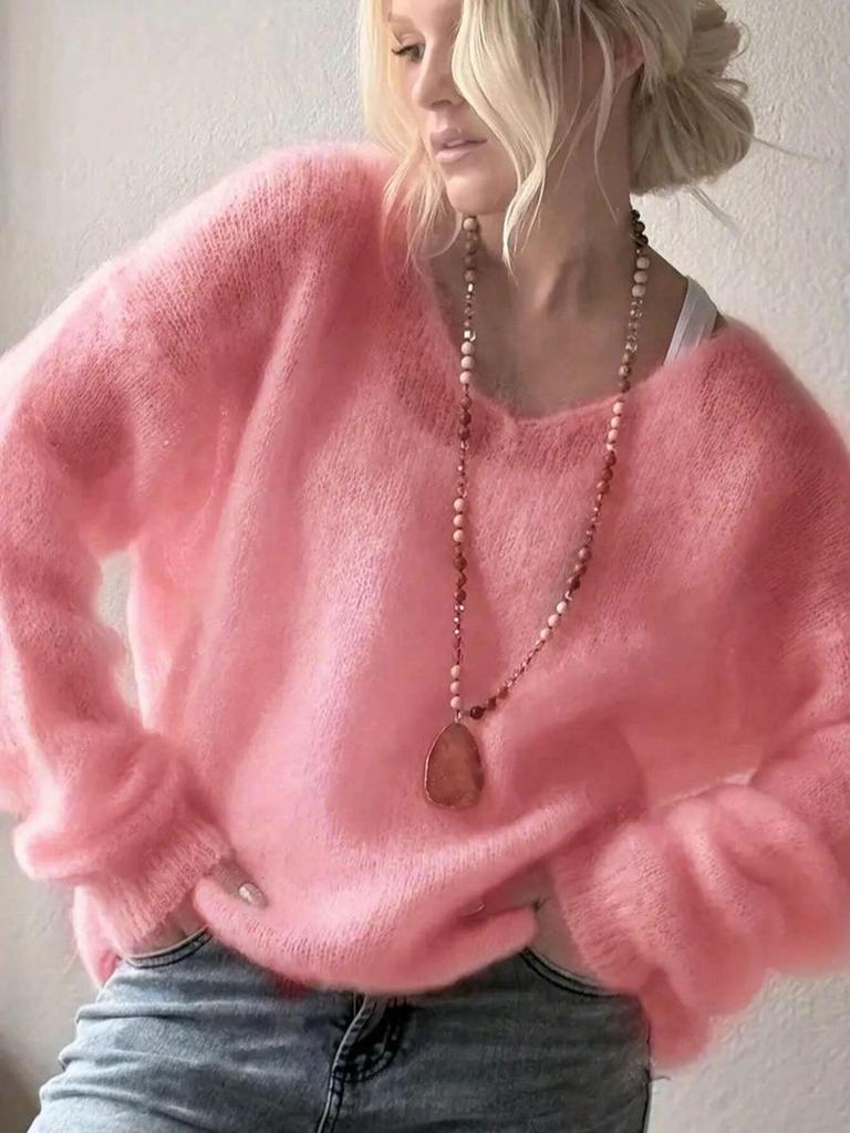 Soft and Fluffy V-Neck Long Sleeve Sweater Women's Autumn Winter Pullover Solid Color Lazy Style Loose Knit Top
