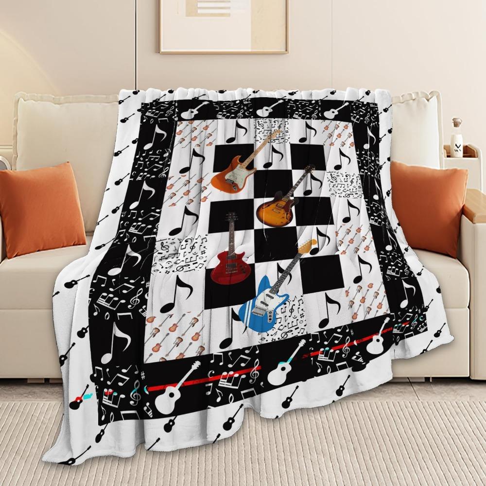 Cool Guitar Throw Blanket with Music Notes, Super Soft Cozy Plush Fuzzy Fleece Bedding Blanket Decor for Kids Girls Boys Adults