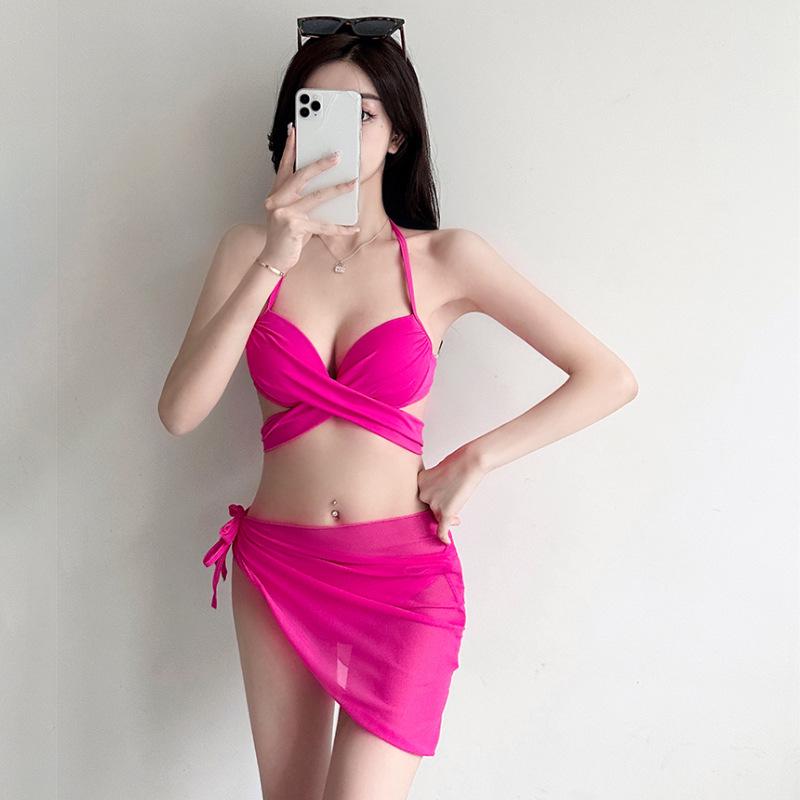 Pink Rose Red Bikini Swimsuit with Steel Support - Sexy Three-Point Design for Women