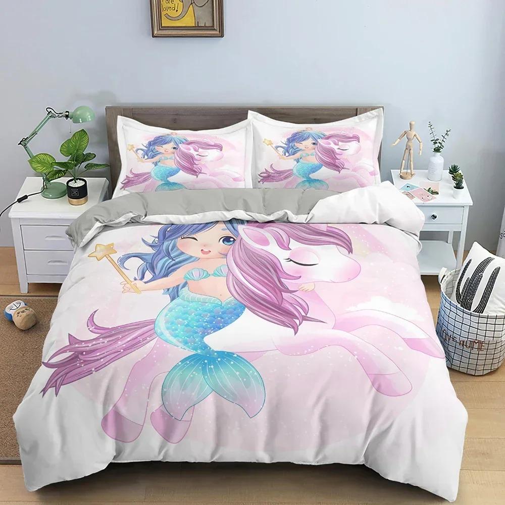 Mermaid Bedding Set For Girls Cute Cartoon Duvet Cover Comforter Covers Children Bedroom Double Queen Size Home Textile 2/3 PCS