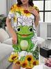 Women Round Neck Short Sleeve Mini Dress Summer 3D Girl Print