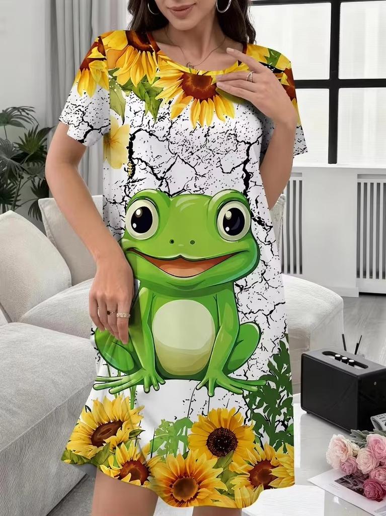 Women Round Neck Short Sleeve Mini Dress Summer 3D Girl Print