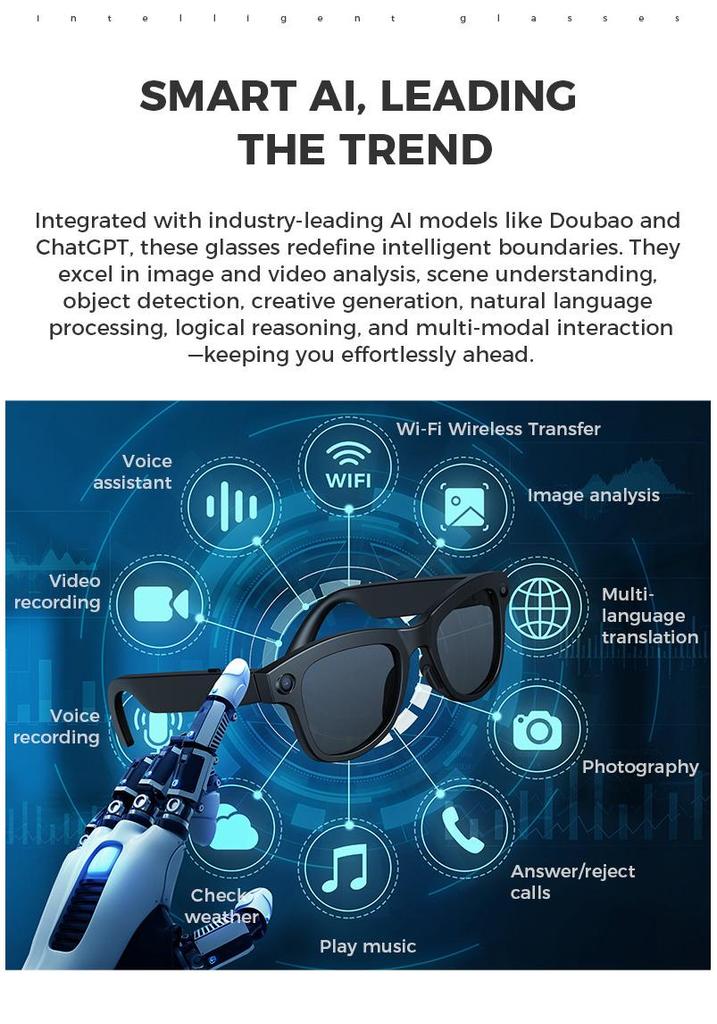 Smart AI Glasses: Photo/Video, Real-time Translation, Object Recognition, ChatGPT, Bluetooth Calls, Music
