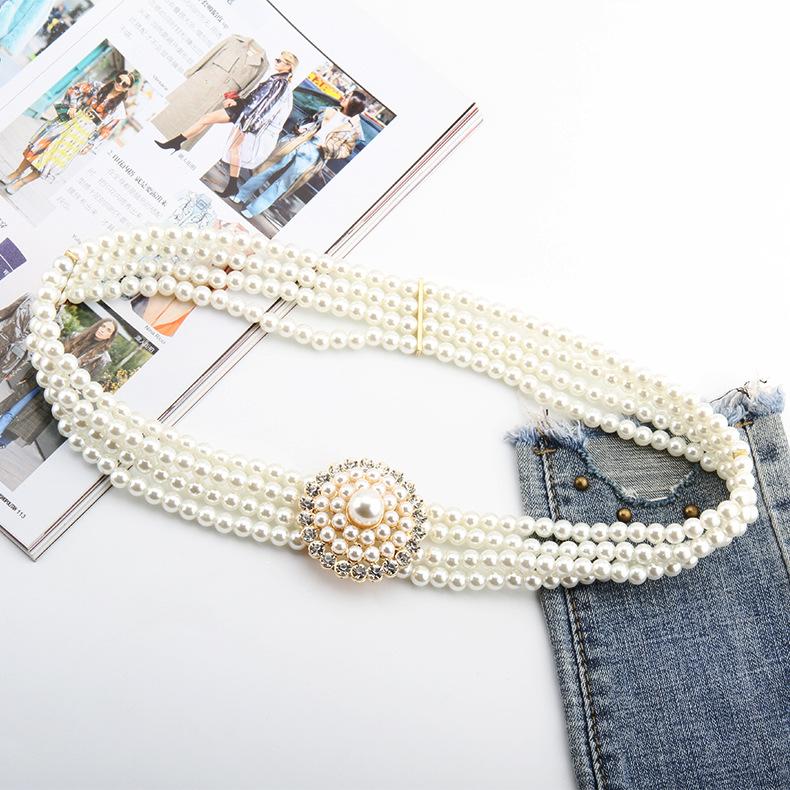 Ladies Dress Embellished With Four Rows Of High-Quality Pearl Elastic Elastic Flash Diamond Belt Waist Chain
