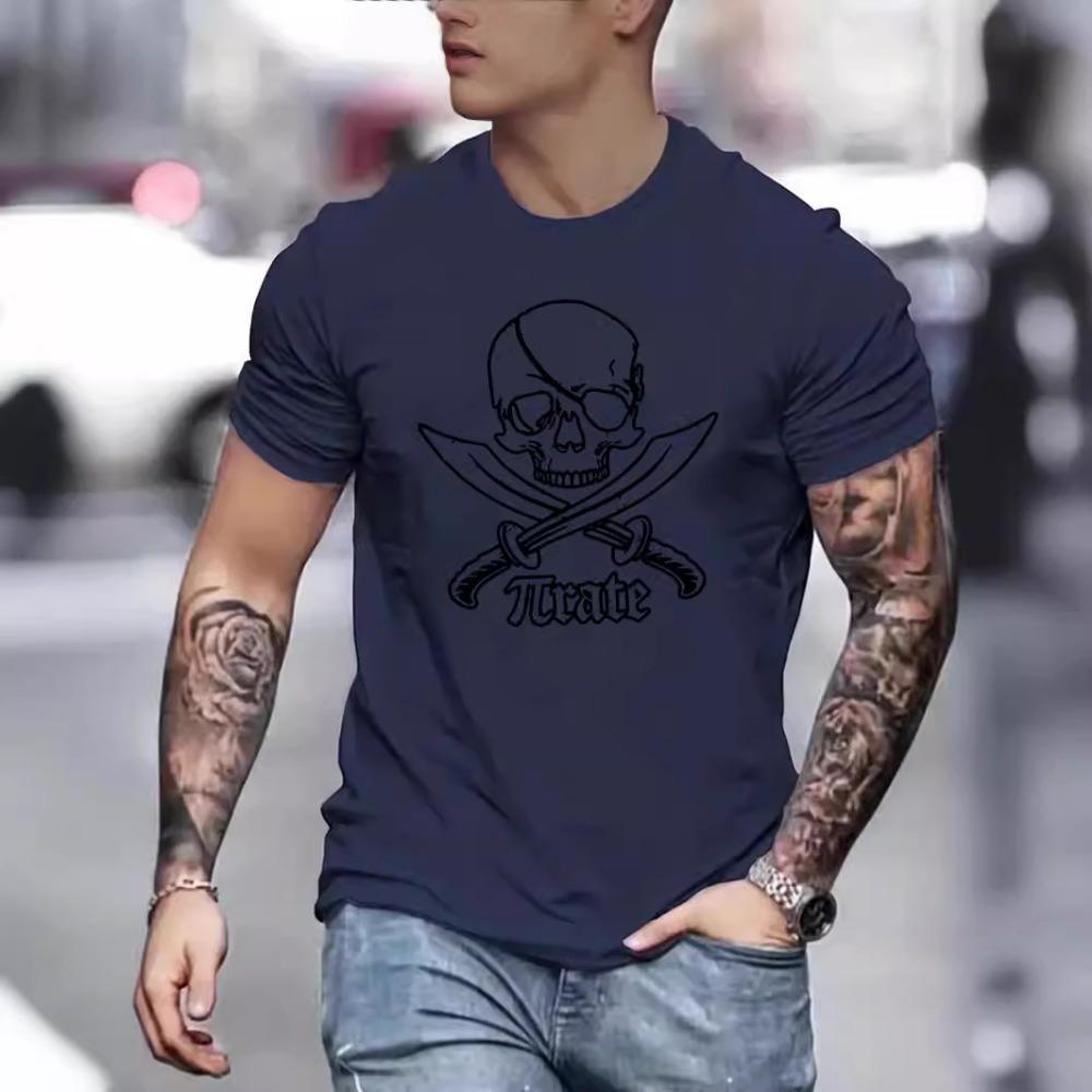 

Skull Fashion Harajuku Style Pure Cotton Printed Men s Round Neck Short Sleeved T-shirt 3XL темно-синий