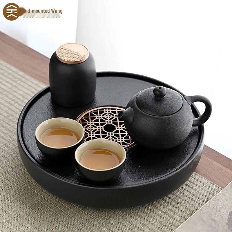 New Chinese Gold-Inlaid Jade Black Pottery Travel Tea Set