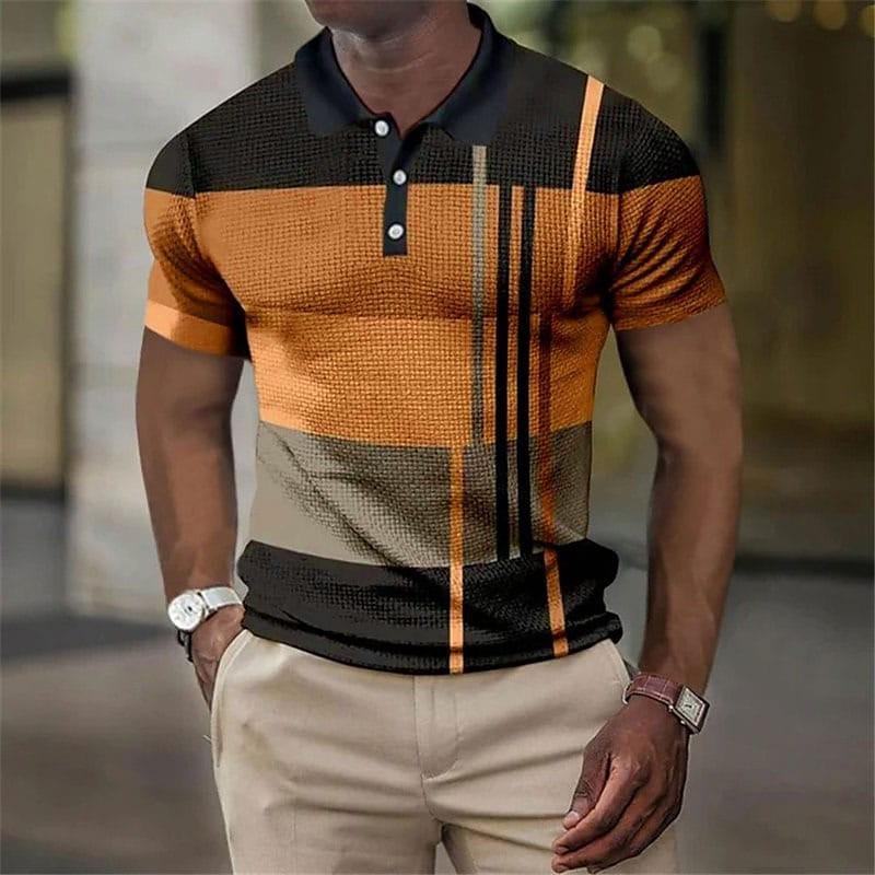 Men'S Casual Polo Shirt 3D Digital Printing Short Sleeve Splicing Color Trend Top
