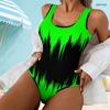 Women Plus Size Scoop Neck Wide Straps Printed Neon Green Black High Cut One Piece Swimsuit
