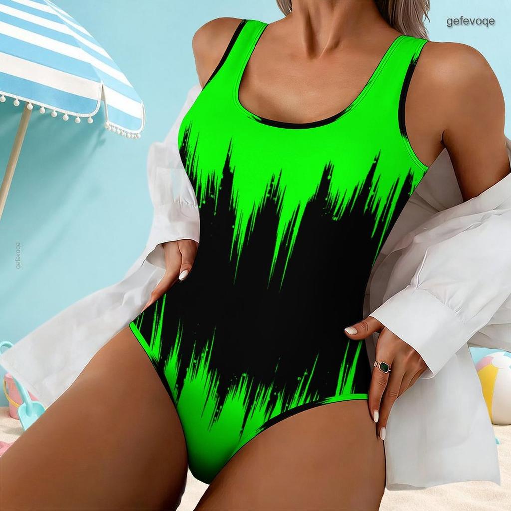 Women Plus Size Scoop Neck Wide Straps Printed Neon Green Black High Cut One Piece Swimsuit