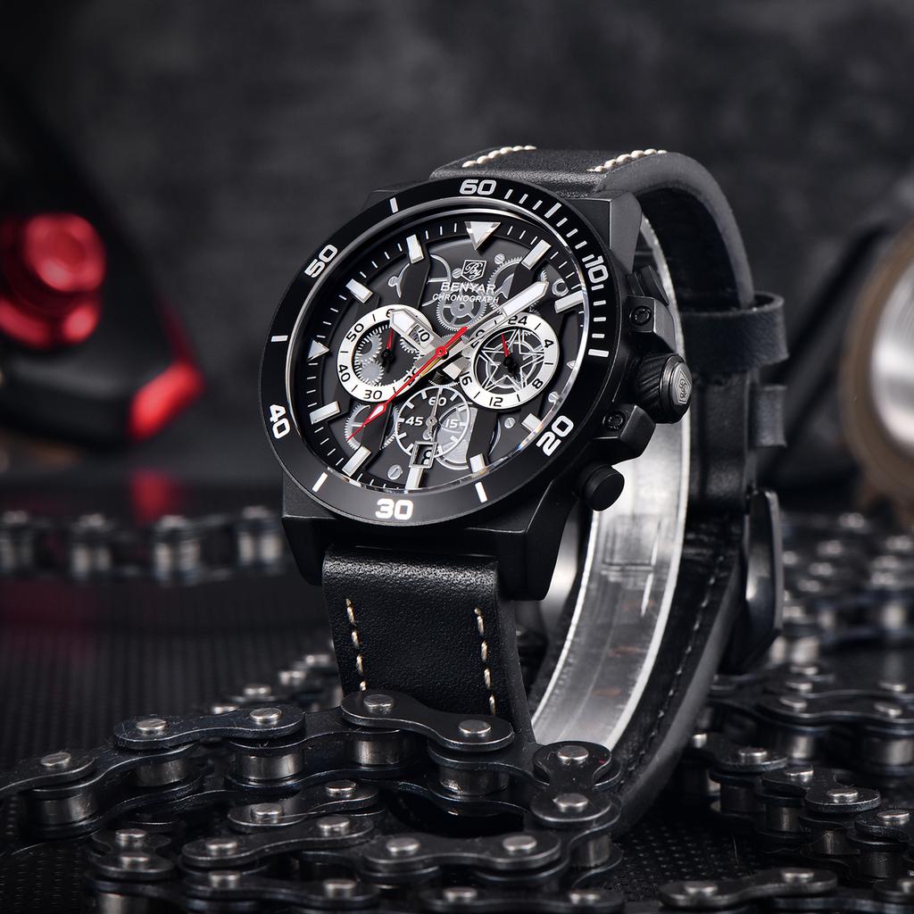 BENYAR Men's Quartz Watch Sapphire Chronograph Waterproof Clock Leather Simple Relogio Masculino Watches BY5197