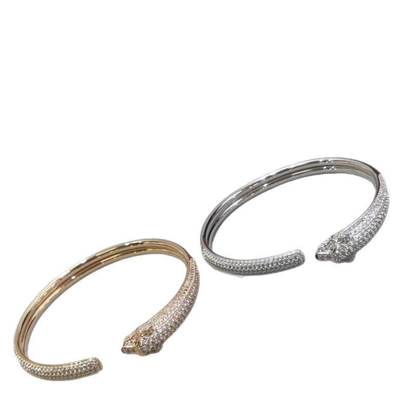 Leopard Head and Tail Diamond Bracelet Female Green-eyed Cheetah Bracelet Opening Adjustable Full Diamond Leopard Head Bracelet