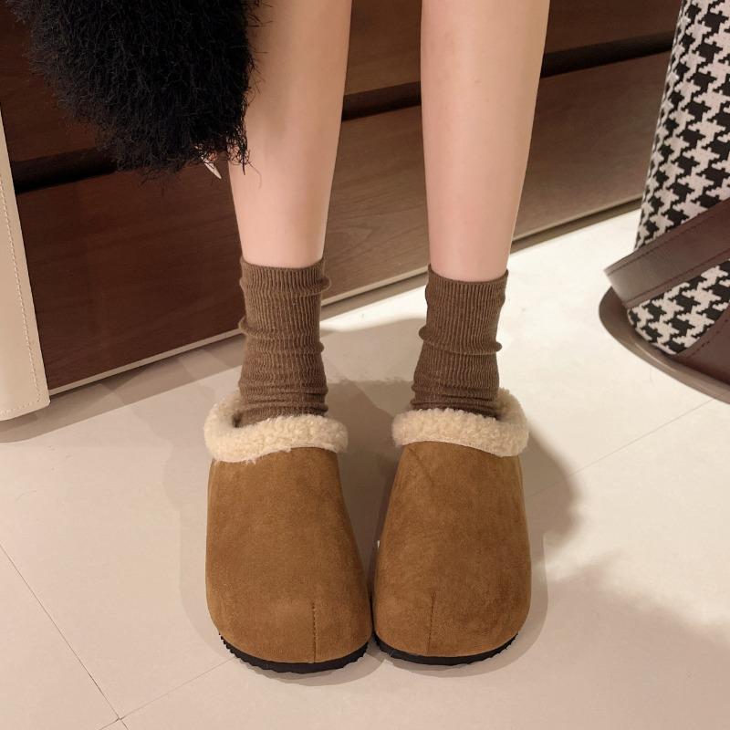 Fashion Winter New Baotou Slippers Women's Fashion Round Head Deep Mouth Suede Anti-slip Wear-resistant Flat Shoes