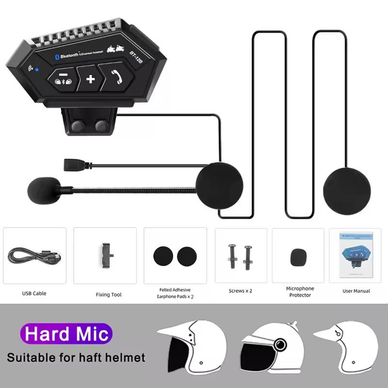 1/2Pcs Bt12B Motorcycle Helmet 1000Mah 500M Intercom Headset Stereo Bluetooth Wireless Hands-Free Headset Music Player New Style