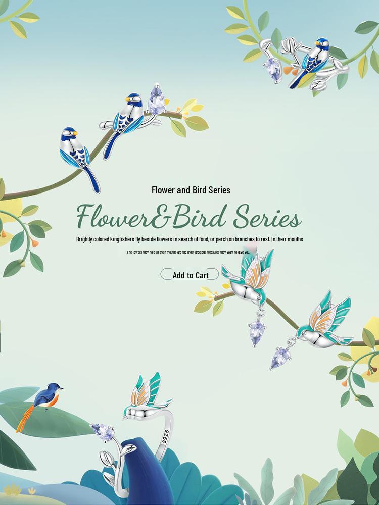 Silver Blue Bird Earrings & Ring Set - Unique 925 Sterling Design