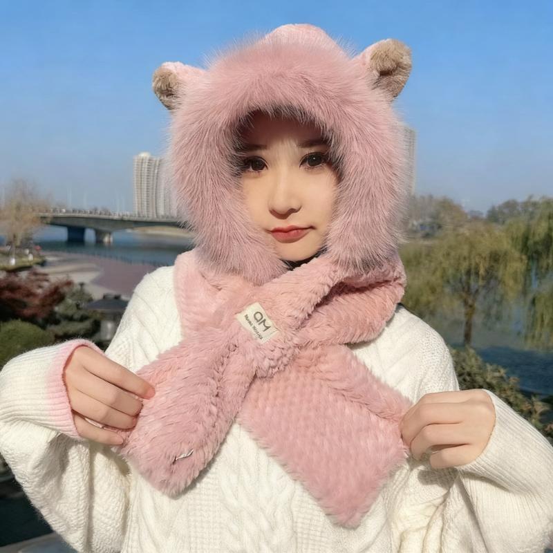 1pc Kawaii Cat Ears Beanie with Pom-Pom, Women's Winter Hat Furry Collar for Christmas Gift, Cute,Fashionable and Warm