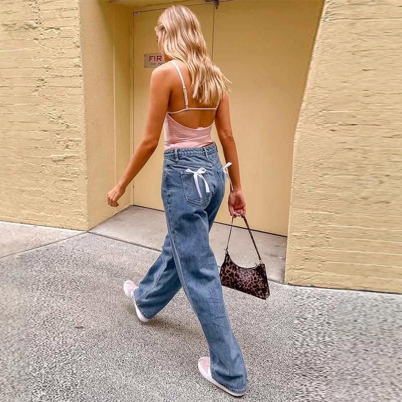 Vintage Bow Straight Jeans Women Causal Loose Zipper High Waist Trousers Spring Denim Pants with Pockets