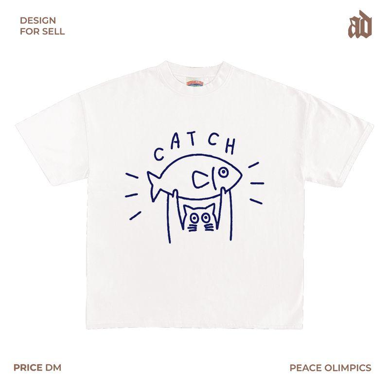 

230G Lightweight Shoulder Cat Catch Fish Interesting Illustration round Neck T-shirt Cute Vitality Easiest for Match Summer Selected White XL