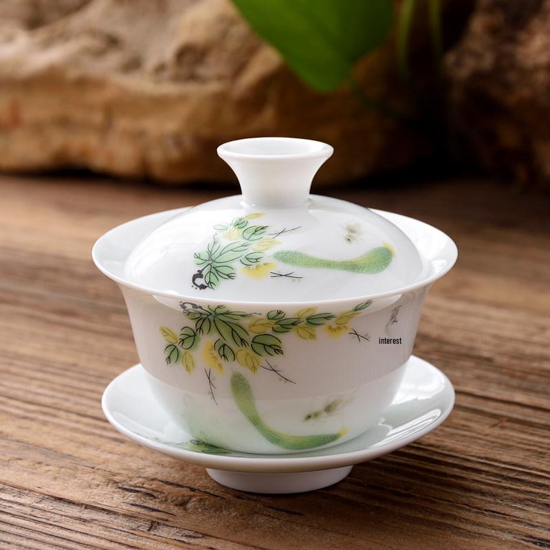 3.4-Inch Blue & White Ceramic Gaiwan Tea Set - 3-Piece, 100ml Capacity