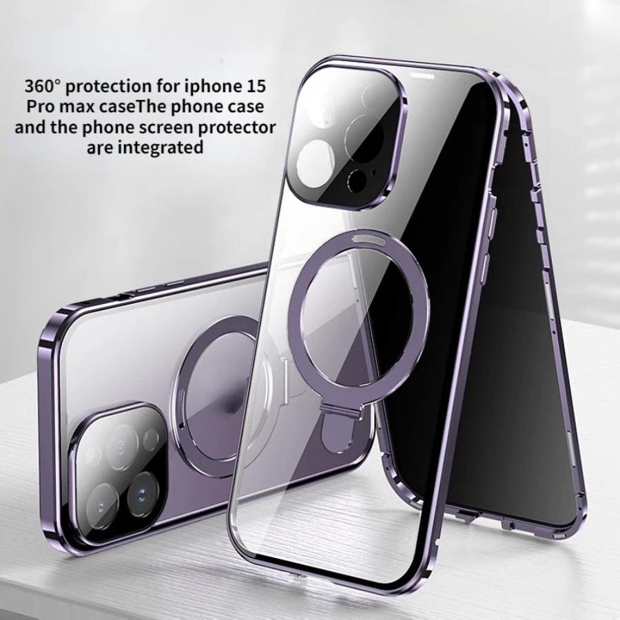 For iPhone 16 15 14 Pro Max Anti-Peeping Metal Frame Double Sided Protection Magnetic Case Privacy Screen Lens Protector Stand