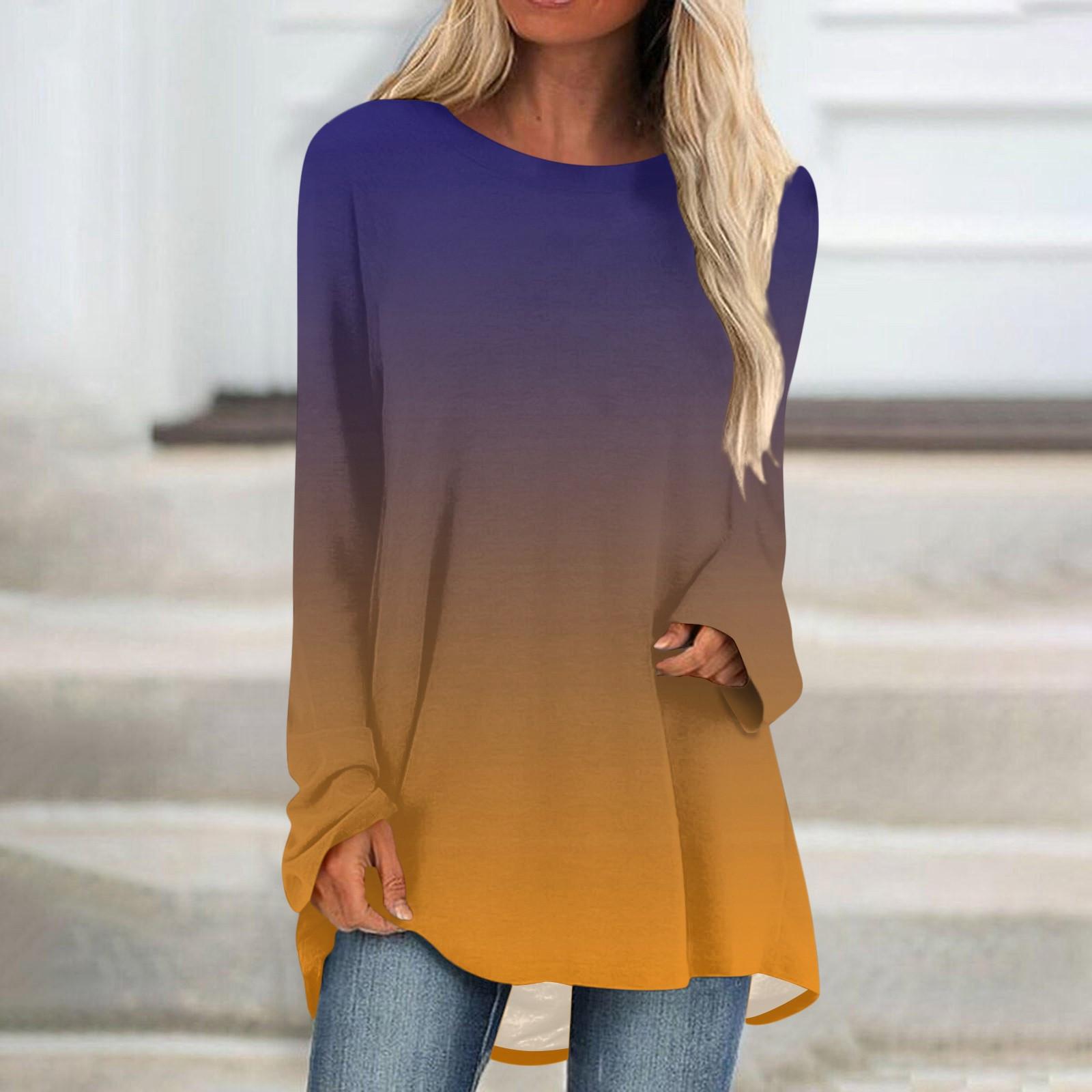 

Женская модная повседневная футболка с градиентом и длинным рукавом, круглый вырез, средний длинный топ M оранжевый