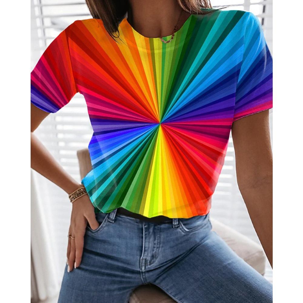 Fashion Women Geometric Pattern Print T Shirt Funny Casual O-neck Short Sleeves T-shirt Summer Female Tee Shirt