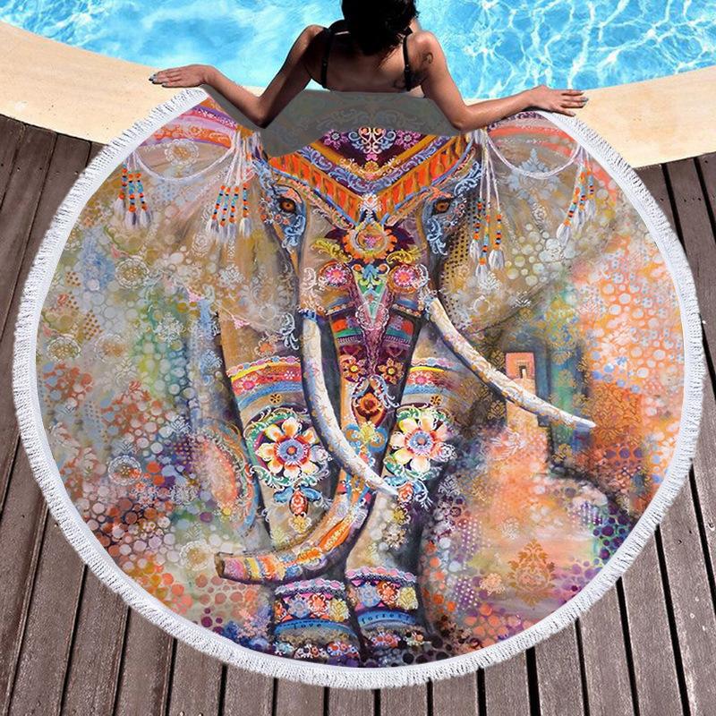 Round Beach Towel With Fringed Digital Printed Bohemian Microfiber Bath Towel Yoga Mat Custom 150*150