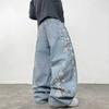 American Retro Y Rose Embroidered Jeans High Waist Straight Loose and Thin Denim Trousers