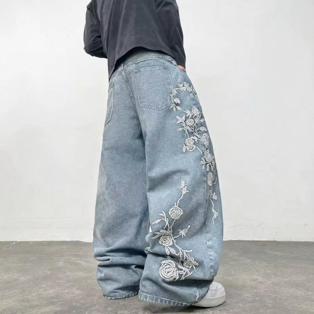 American Retro Y Rose Embroidered Jeans High Waist Straight Loose and Thin Denim Trousers