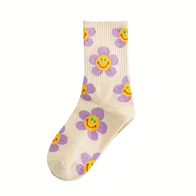 5 Paar Damen Süße Crew-Socken Set Übergröße Blumenmuster Gerippt Atmungsaktiv Mittelhohe Socken