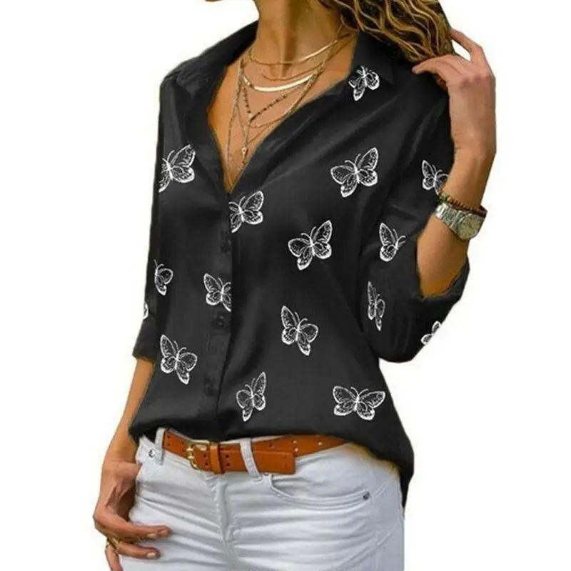 

Butterfly Print Loose Collared Shirt Women Butterfly Print Lapel Shirt Women black 4XL