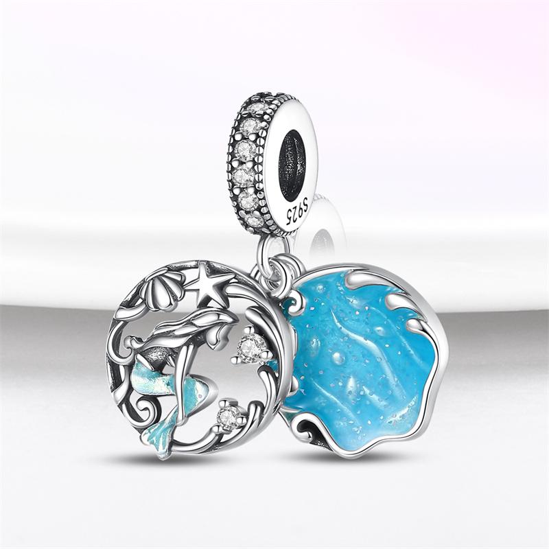 Plated 925 Silver Mermaid Shell Blue Deep Sea Fairy Tale Charms Fit Original 925 Charms Bracelet Beads Jewelry Gifts for Women