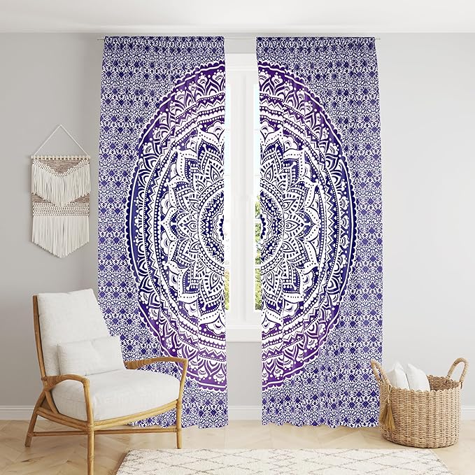BLESS INTERNATIONAL Beautiful Indian Bohemian Psychedelic Hippie Ombre Window Curtain Panels for Bedroom, Living, Balcony (Purple Ombre)