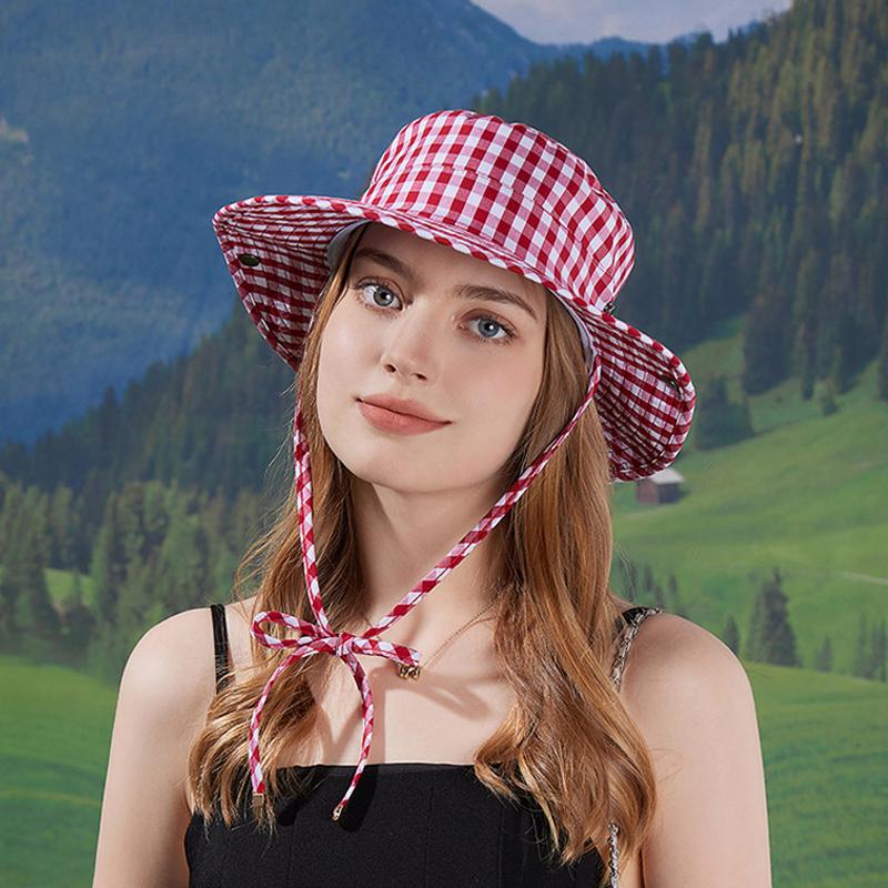 Frühling Sommer Hut mit breiter Krempe für Outdoor-Bergsteigen Karierter Fischerhut mit Schnürung Sonnenschutzhut für Damen