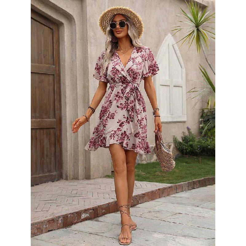 2026 Summer New Women's Fashion Printed Dress with Spotted Ruffles and Tie-Waist Design