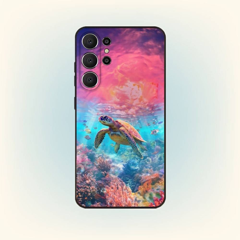 Mořský život Želva Umění Pouzdro na telefon Pro Samsung S25,24,23,22,30,21,10,9,Ultra,Plus,Lite,FE Černé Měkké pouzdro