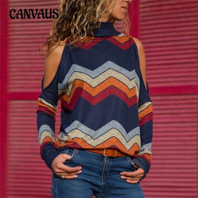Top da donna autunnale a collo alto senza spalline a maniche lunghe in maglia con stampa geometrica