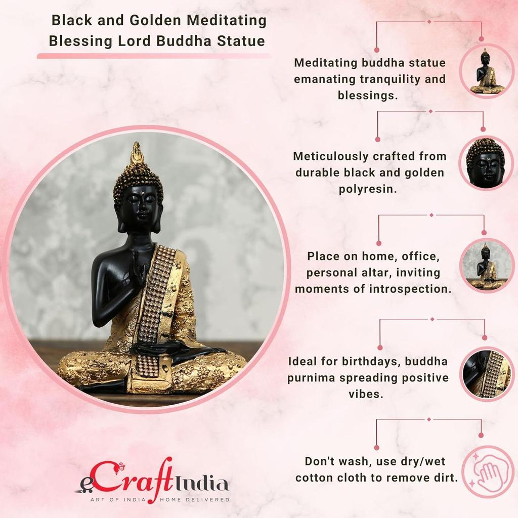 Handcrafted Meditating Lord Buddha Polyresin Idol (15 Cm X 7.5 Cm X 20 Cm, Golden)
