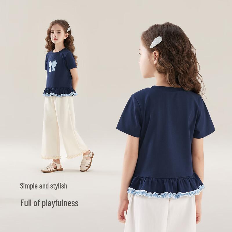 JELLYBABY Girls' French Bow Lace Short Sleeve T-Shirt