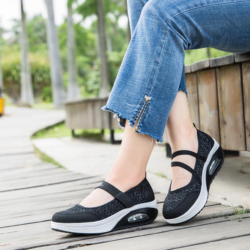 Women's Breathable Nurse Shoes Air Cushion Mesh Wedge Walking Shoes Hook & Loop Non-slip Lightweight Casual Footwear Thick Soled