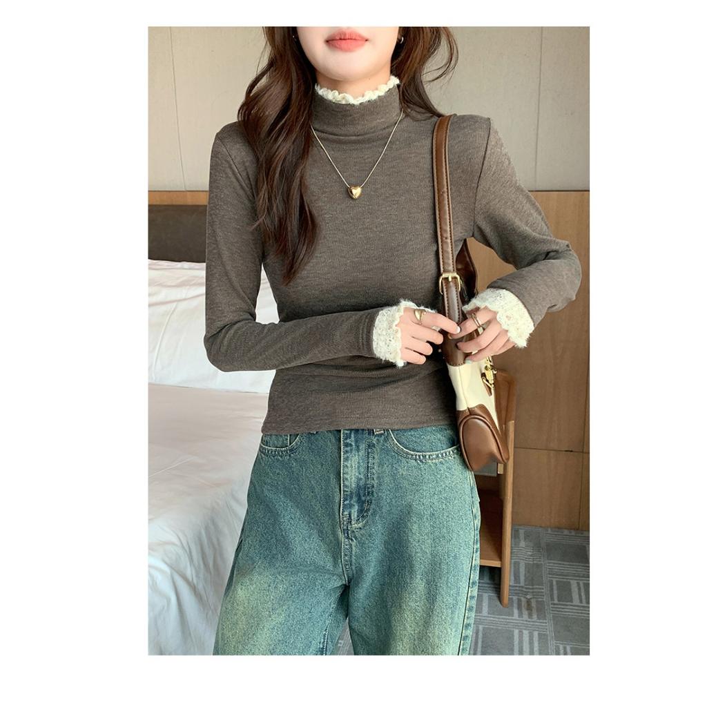 Lace Patchwork Half High Neck Base Sweater for Women, Autumn and Winter Thread Slim Fit Sweater, Lace Knit Sweater, Inner Top