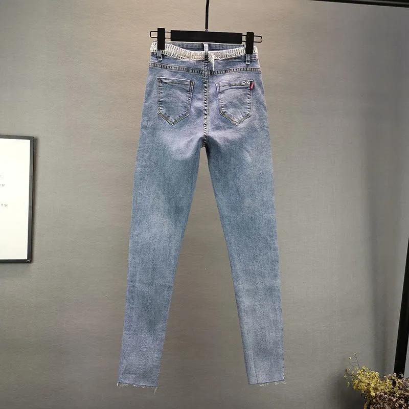 Damshorts Vår Höst Streetwear Pennbyxor Vintage Smala Diamanter Hög Midja Ankellånga Jeans Casual Denimbuxor