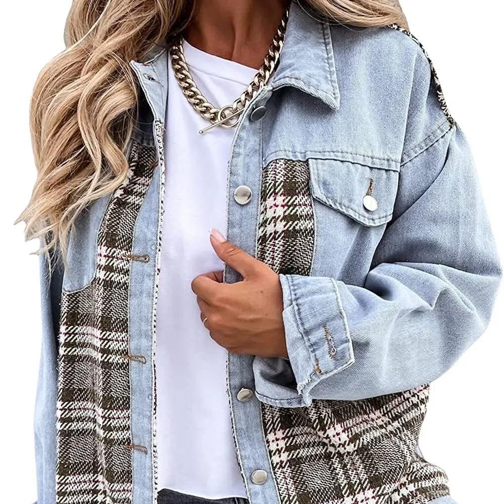 

Women s Denim Jacket Long Sleeve Plaid Button Down Shacket Jacket Autumn and Winter Long-Sleeve Plaid Button-Up Denim Jacket XXL світло-синій колір
