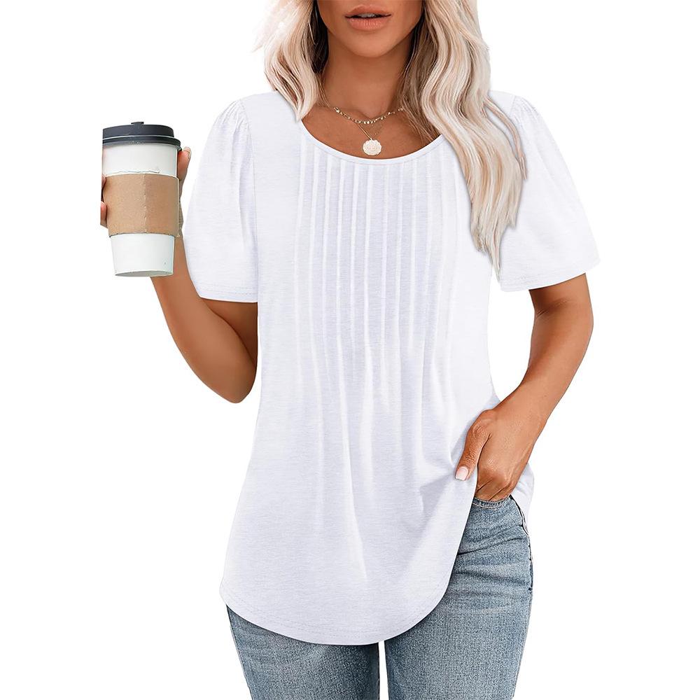 Pleated Round Neck Short Sleeve Women's T-Shirt - New 2024 European & American Style