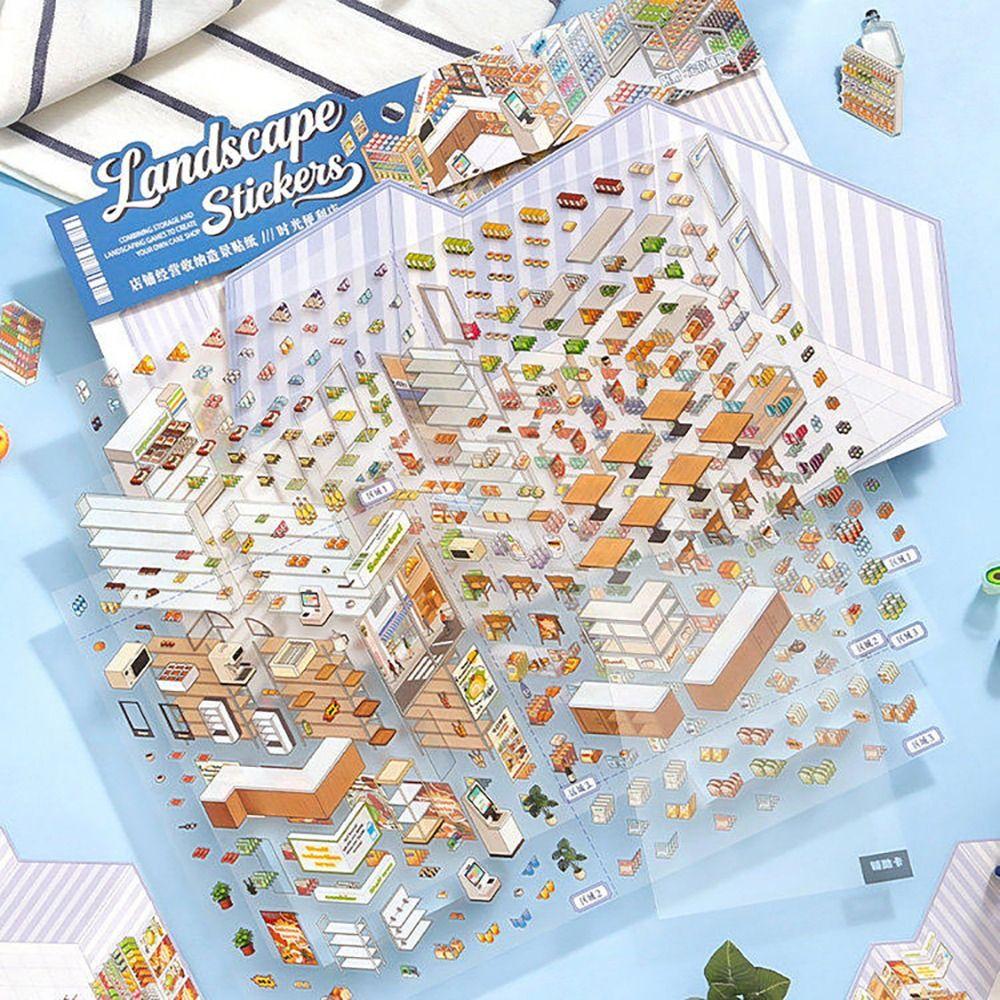 Convenience Store Series Miniature Landscape Sticker DIY Large Size Cabin Scene Sticker Cartoon Gift Miniature Scene Collage
