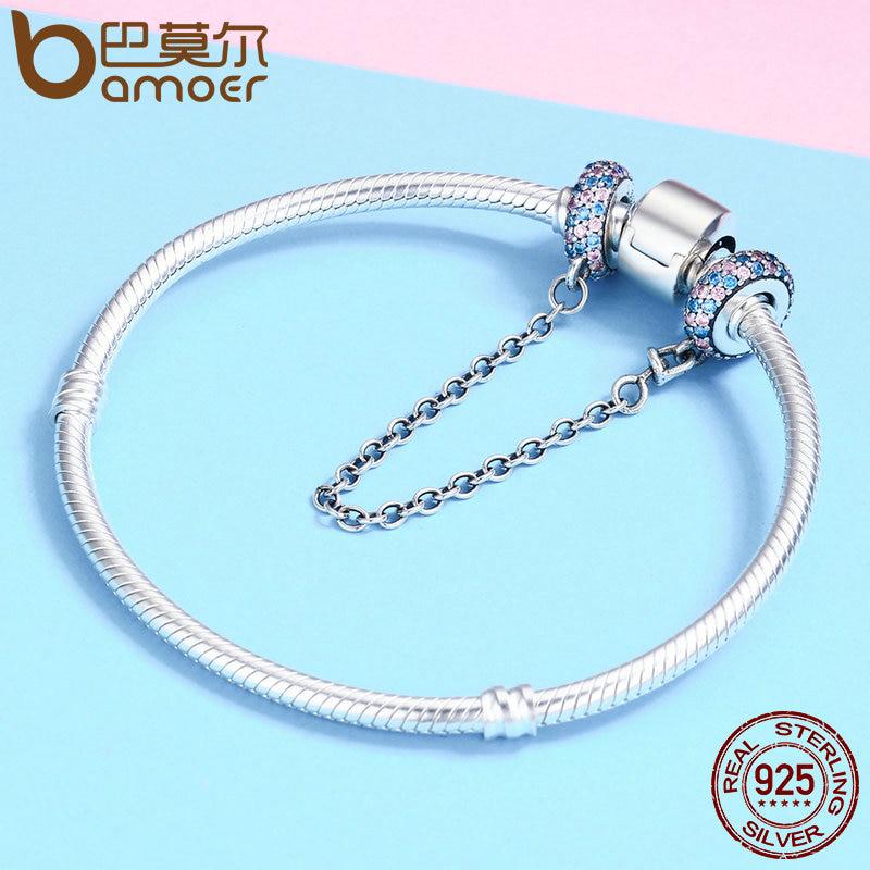 Brățară cu lanț rotund de siguranță BAMOER, 100% argint 925, roz și albastru CZ