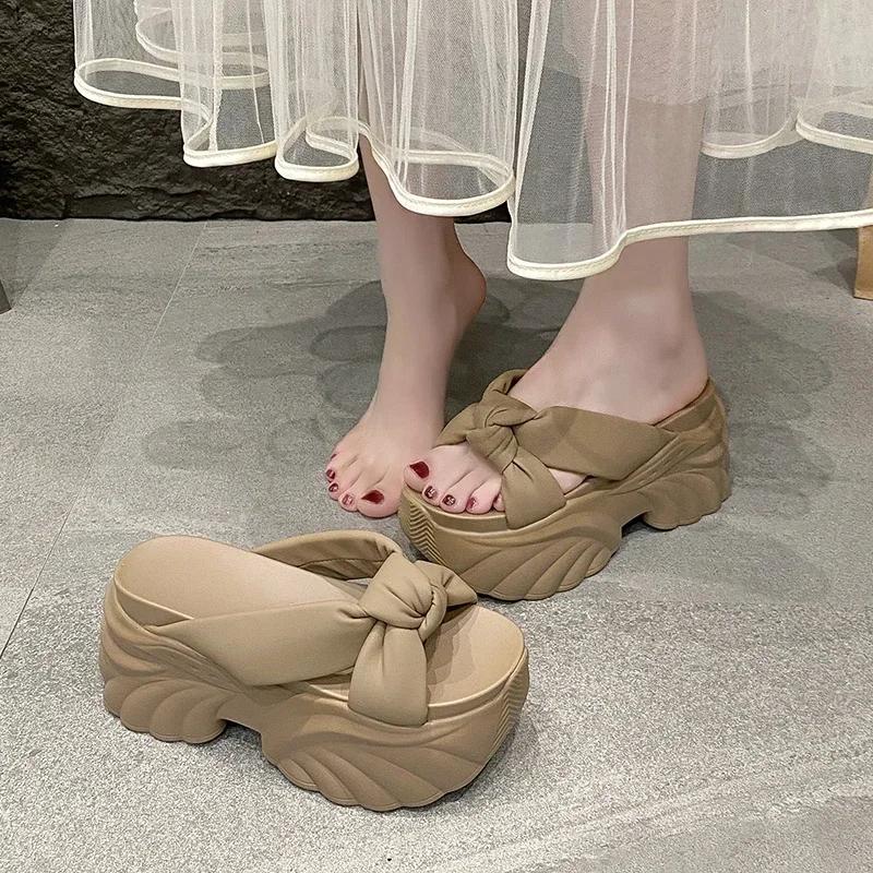 Fashion 9CM Design Platform Slippers 2025 Women Summer Wear Fashion New Style Increase Sandals Casual Muffin Flip-flops Beach Shoes